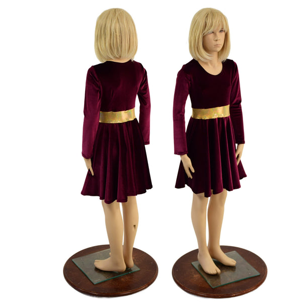 Girls Burgundy and Gold Velvet Skater Dress - 1