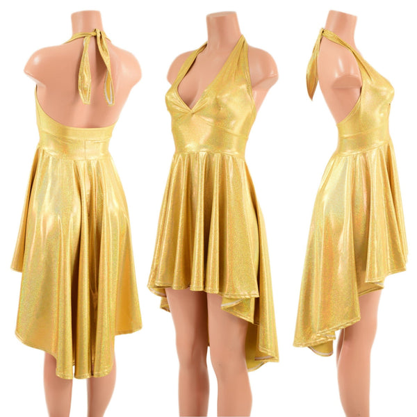 Gold Sparkly Jewel Hi Lo Halter Skater Dress - 1