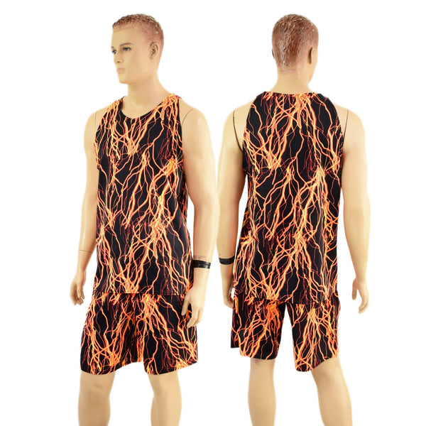 Mens Basketball Shorts and Muscle Shirt Set in Neon Orange Lightning - 1