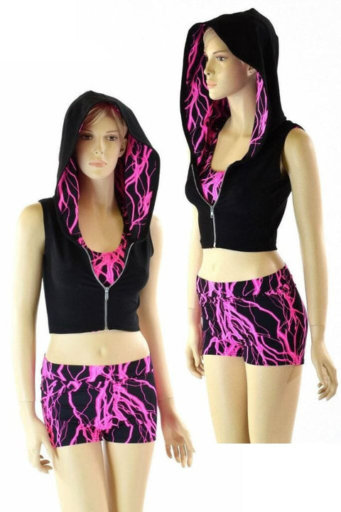 Ready to Ship 3PC Pink Lightning Hoodie, Crop and Shorts Set Large - Coquetry Clothing