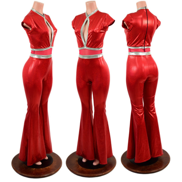 Red Sparkly Jewel Solar Flare Catsuit with Keyhole Neckline - 1