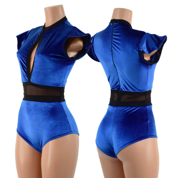 Sapphire Blue Velvet Keyhole & Mesh Romper - 1