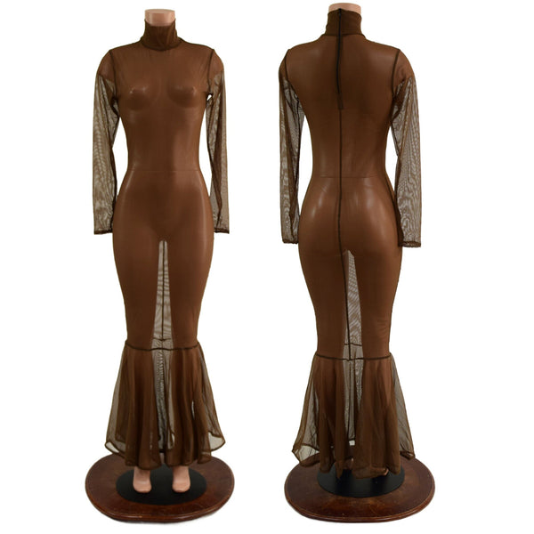 Zipper Back Mesh Gown with Fishtail Hemline (no puddle train) - 1