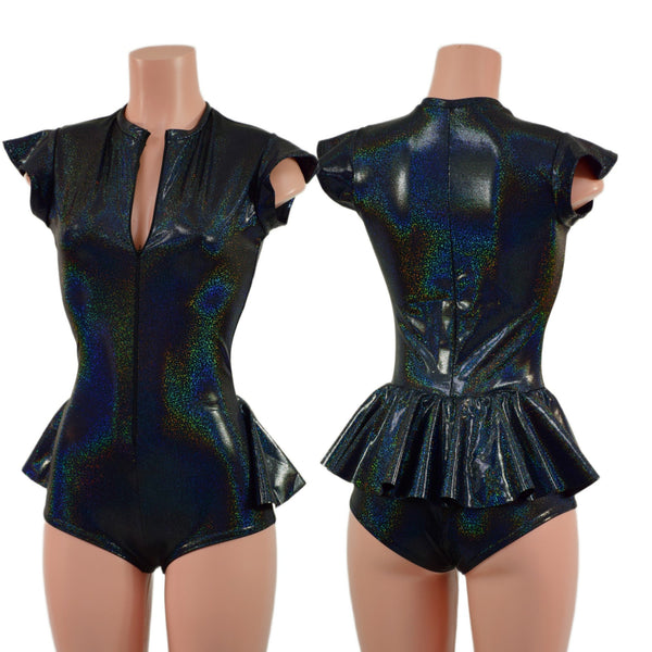 Zipper Front Ruffle Rump Romper in Black Holographic - 1