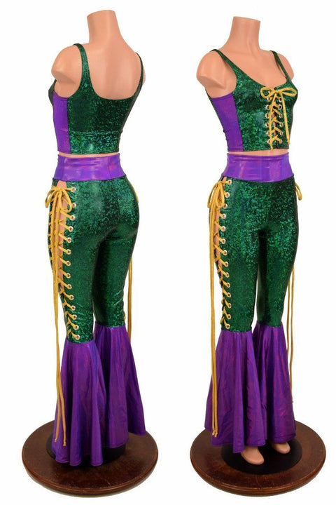 Mardi Gras 2PC Lace Up Top and Bell Bottom Pants Set - Coquetry Clothing