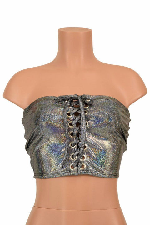Silver Holographic Strapless Lace Up Top - Coquetry Clothing
