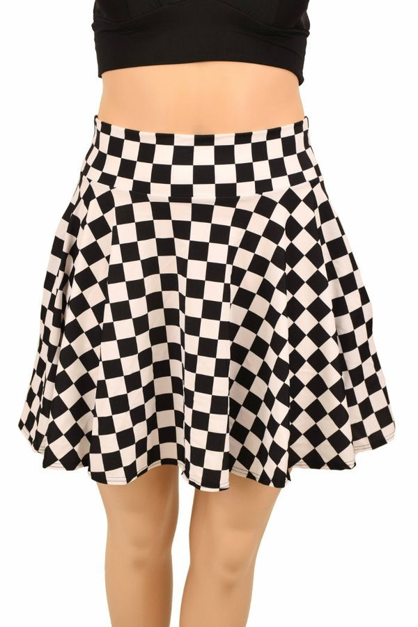 Black and White Checkered Pocket Skater Skirt - 1