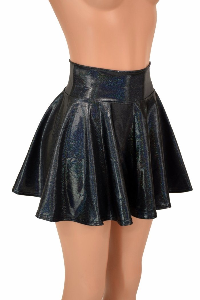 High Waisted Skater Skirt Black Metallic wet-look Faux Leather