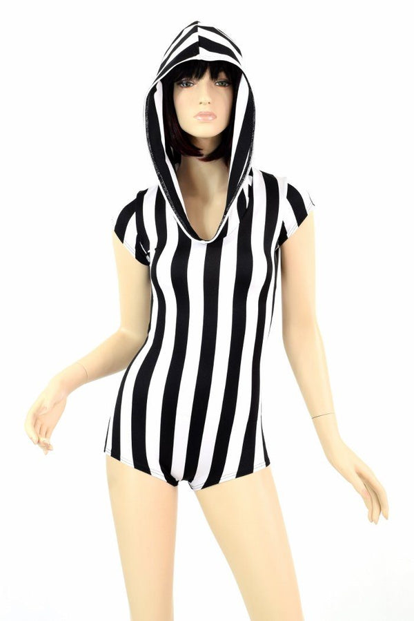 Black & White Striped Hoodie Romper - 3