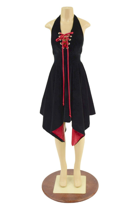 Velvet Handkerchief Hemline Halter Dress with Laceup Neckline - Coquetry Clothing