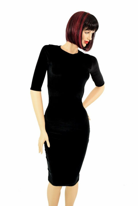 Black Velvet Half Sleeve Wiggle Dress - Coquetry Clothing