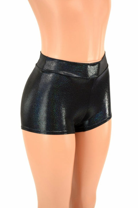 Black Holographic Mid Rise Shorts - Coquetry Clothing