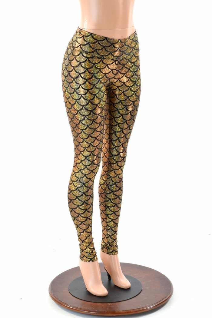Teal Green Mermaid Pattern, Holographic Fish Scale Print Leggings