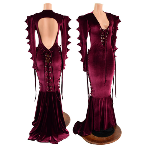 Burgundy Velvet Backless Laceup Puddle Train Gown with Spikes - Coquetry Clothing
