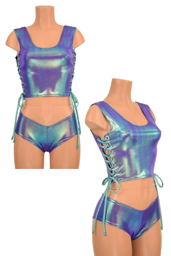 2PC Lace Up Top and Cheeky Booty Shorts Set - 1