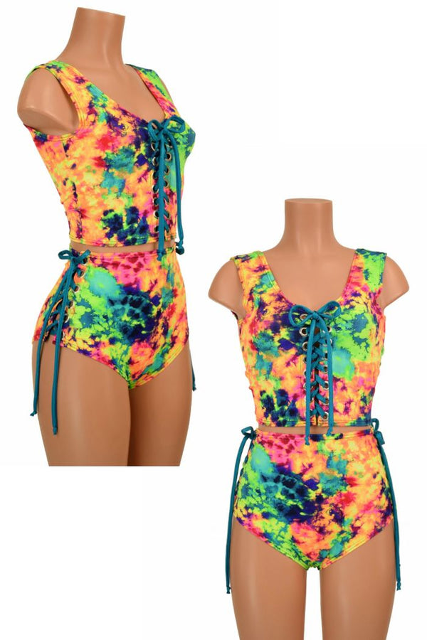 2PC Lace Up Top and Siren Shorts Set - 1