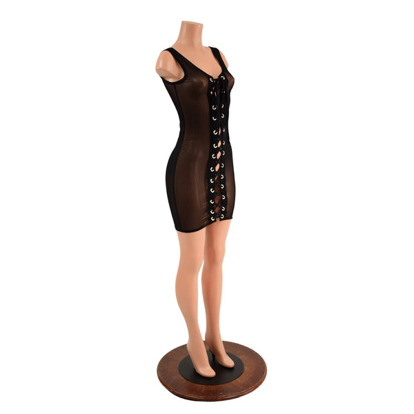 Black Mesh Tank Dress with Double Laceup - 4