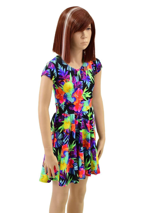 Girls Sonic Bloom UV Glow Cap Sleeve Skater Dress - Coquetry Clothing