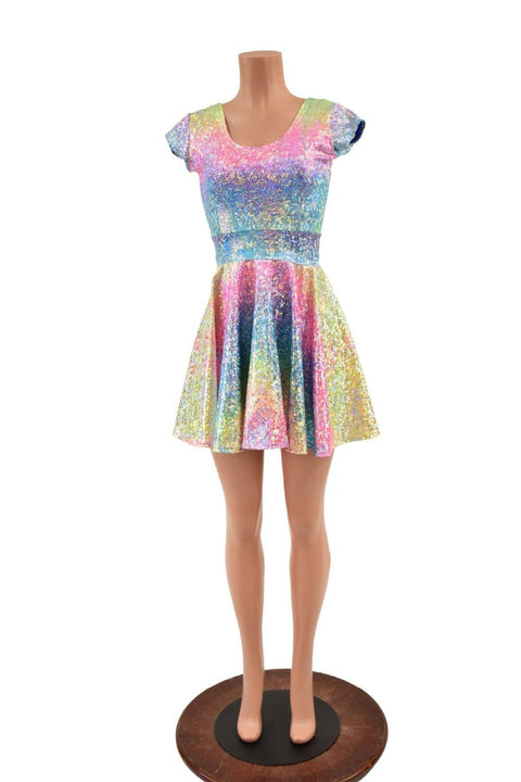 Rainbow Shattered Glass Cap Sleeve Skater Dress - Coquetry Clothing