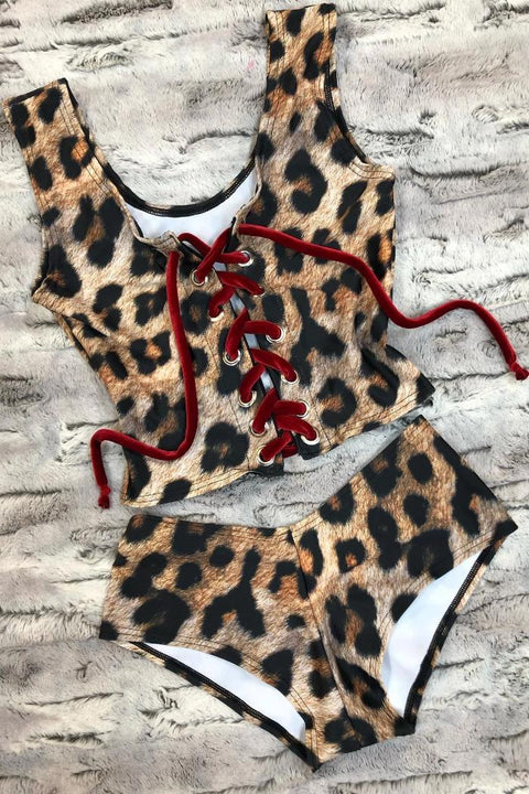 Leopard Print Lace Up Crop Tank and Cheekies Set - Coquetry Clothing