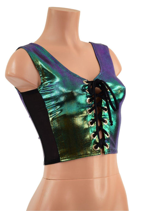 Lace Up Front Crop Tank in Scarab with Mesh Side Panels - Coquetry Clothing
