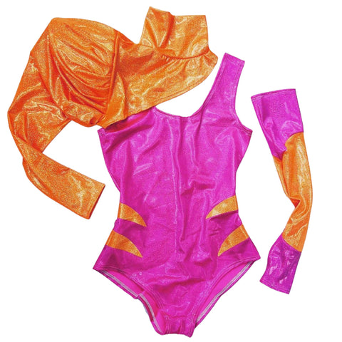 Neon Orange and Pink 3pc Chromatic Romper, Sleeve and Bolero Set - Coquetry Clothing