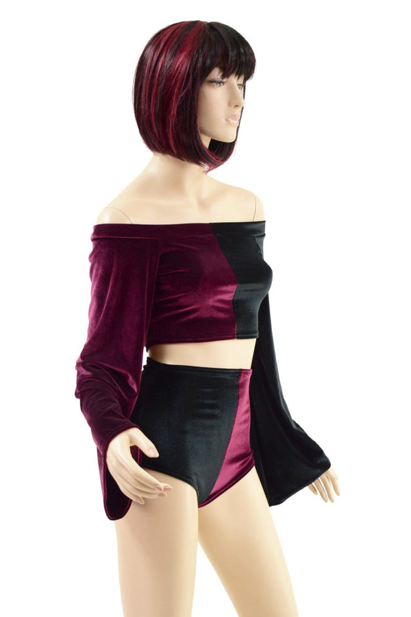 Burgundy & Black Velvet Color Split Off Shoulder Top & Siren Shorts Set - 5