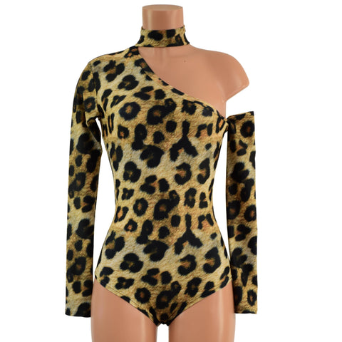 Leopard Print 2PC One Shoulder Romper with Collar and Arm Warmer - Coquetry Clothing