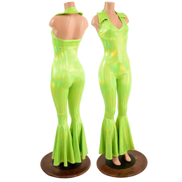 Backless Bell Bottom Catsuit with V Neck and Demi Collar - 1