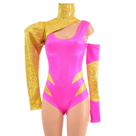 Gold and Pink 3pc Chromatic Romper, Sleeve and Bolero Set - Coquetry Clothing