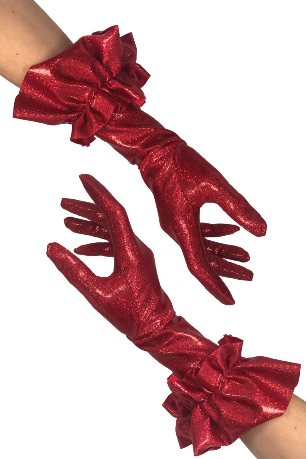 Red Sparkly Jewel Short Ruffled Gloves | Coquetry Clothing