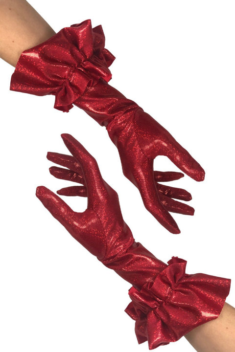 Red Sparkly Jewel Short Ruffled Gloves - Coquetry Clothing
