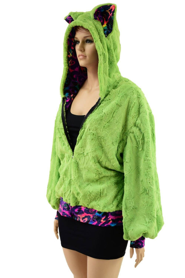 Avocado Minky Balloon Sleeve Long Banded Jacket with Fox Ears - 1