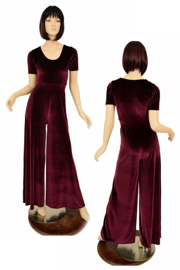 Burgundy Velvet Wide Leg Jumpsuit - 1