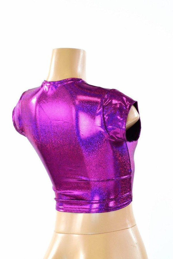 Fuchsia Sparkly Jewel Cap Sleeve Crop Top - 3