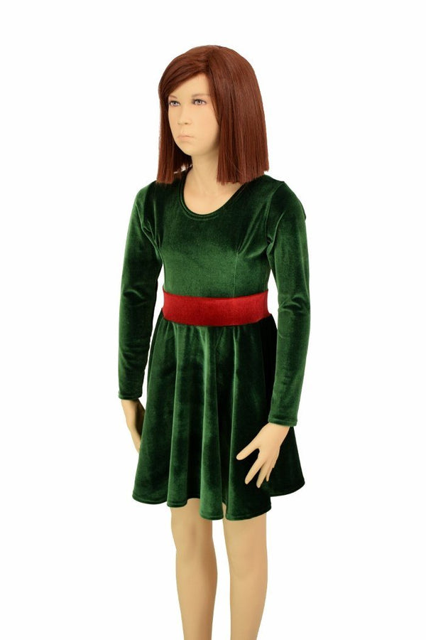 Girls Green & Red Velvet Skater Dress - 1