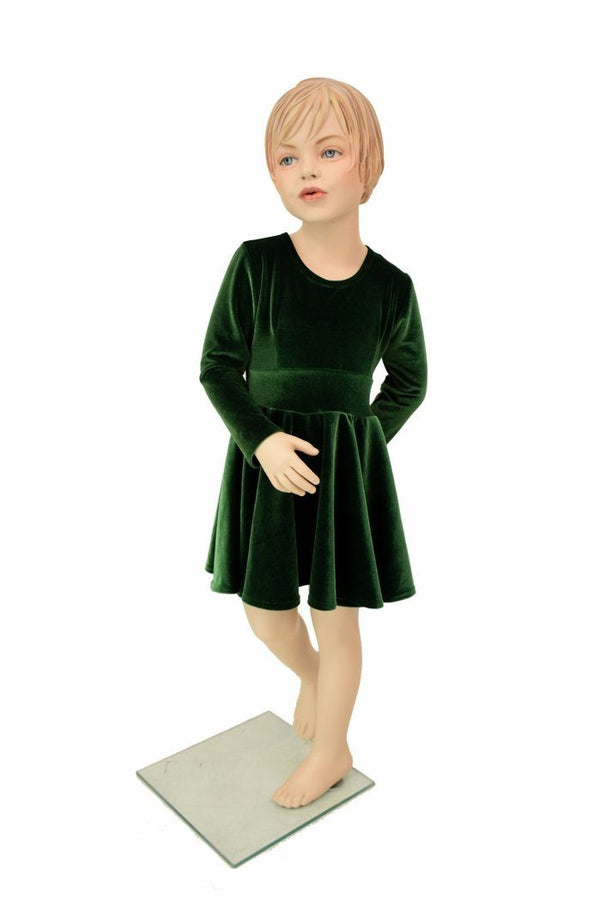 Girls Green Velvet Skater Dress - 1
