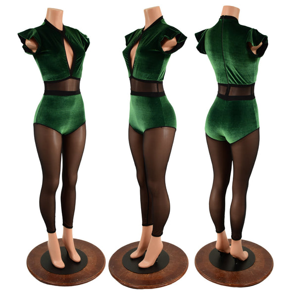 Green Velvet Keyhole & Mesh Catsuit with Mesh Legs - 1