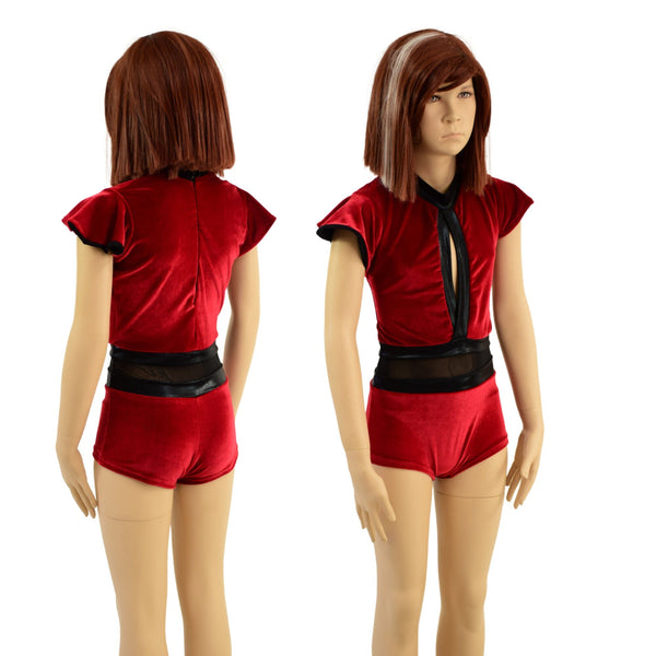 Girls Red Velvet Romper with Keyhole and Mesh Waistband - 1