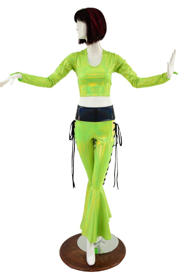 Lace Up Bell Bottom Flares & Long Sleeve Crop Top Set - 1