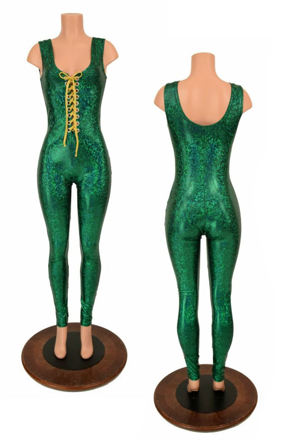 Lace Up Green Holographic Catsuit - 1