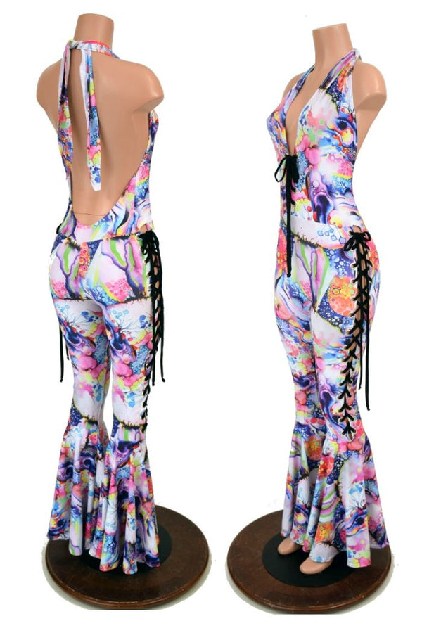 Lace Up "Josie" Halter Bell Bottom Flare Catsuit - 1