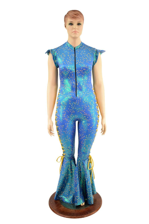 Lace Up Zippered Bell Bottom Flare Catsuit - 1