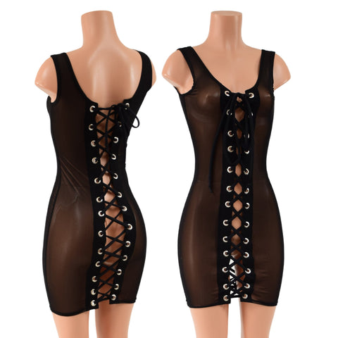 Black Mesh Tank Dress with Double Laceup - Coquetry Clothing