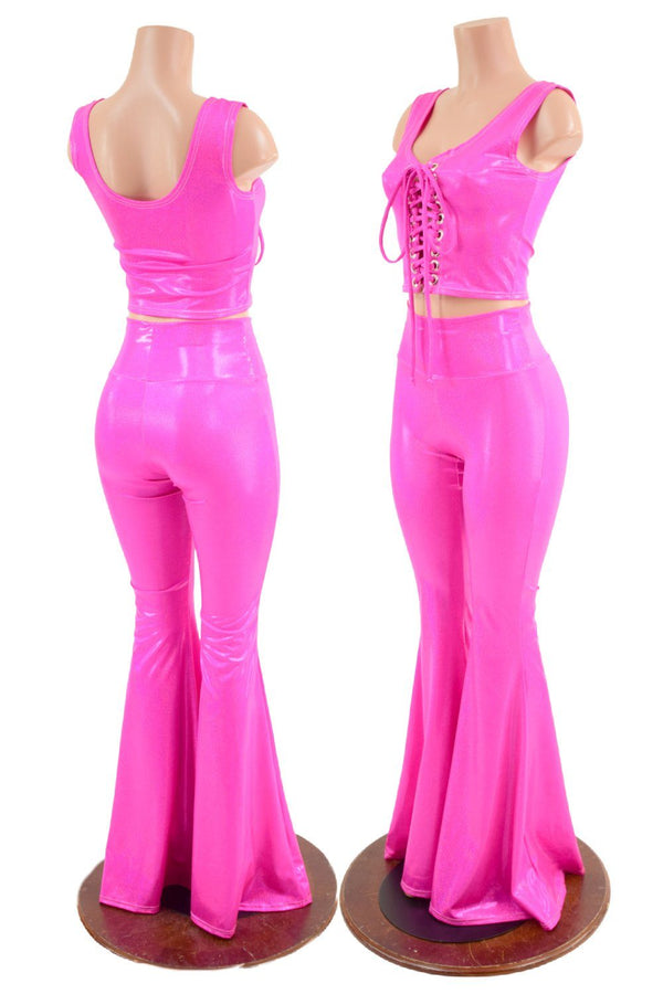 Neon Pink Lace Up Crop Tank and Solar Flares Set - 1