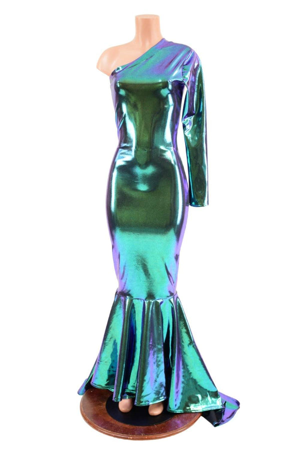 One Shoulder Gown with Puddle Train Hemline - 1