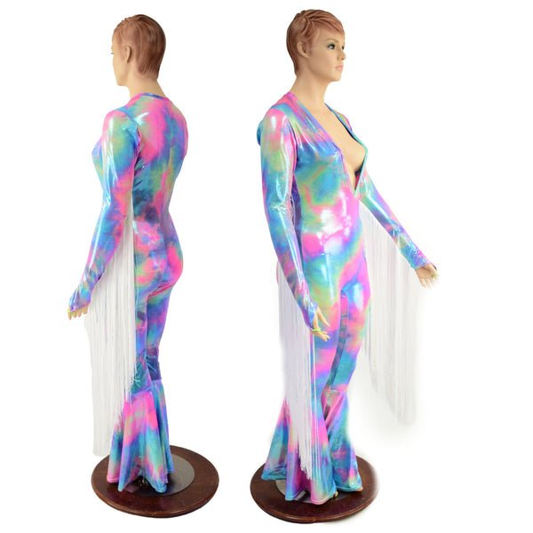 Plunging V Neckline Catsuit with 30" White Fringe - 1