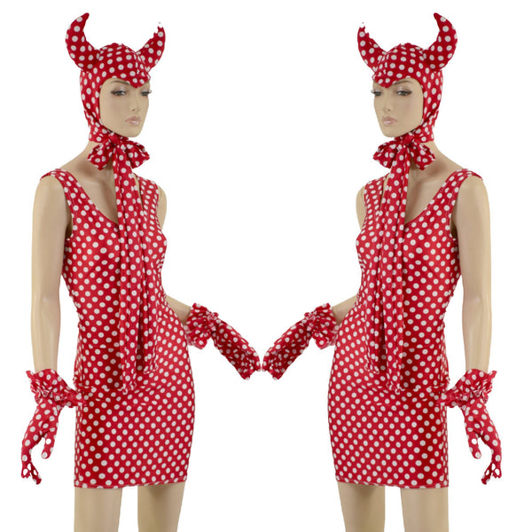 Polka Dot Devil Bonnet, Ruffle Gloves, and Bodycon Tank Dress Set - 1
