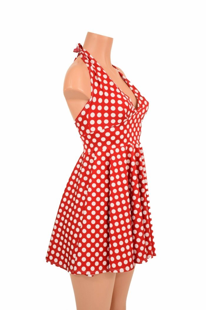 Red & White Polka Dot Halter Skater Dress - Coquetry Clothing Xs