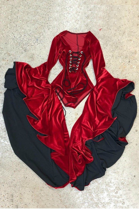 Red Velvet Sorceress Sleeve Lace Up Romper - Coquetry Clothing